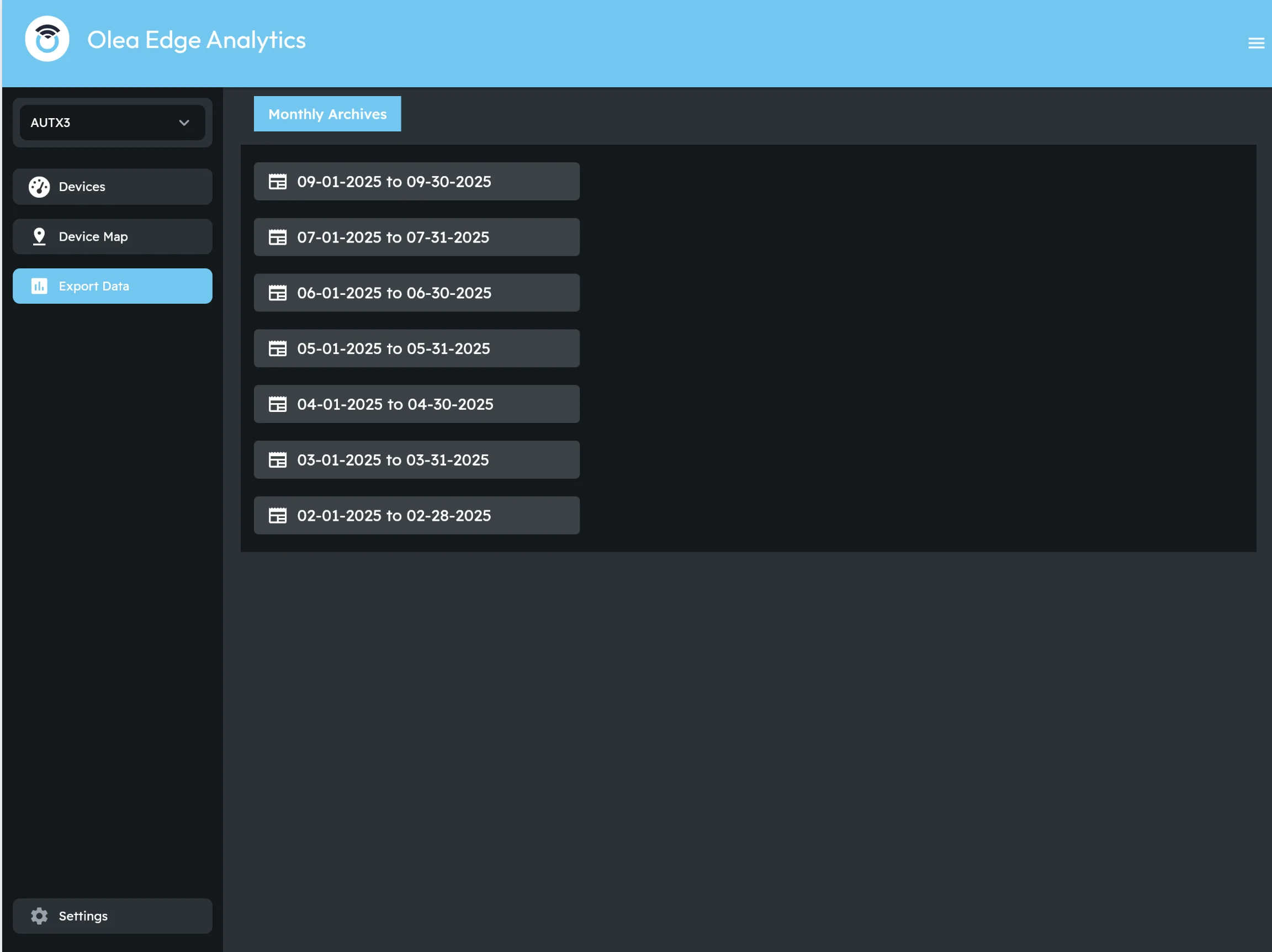 Data export interface from the PRV monitoring platform