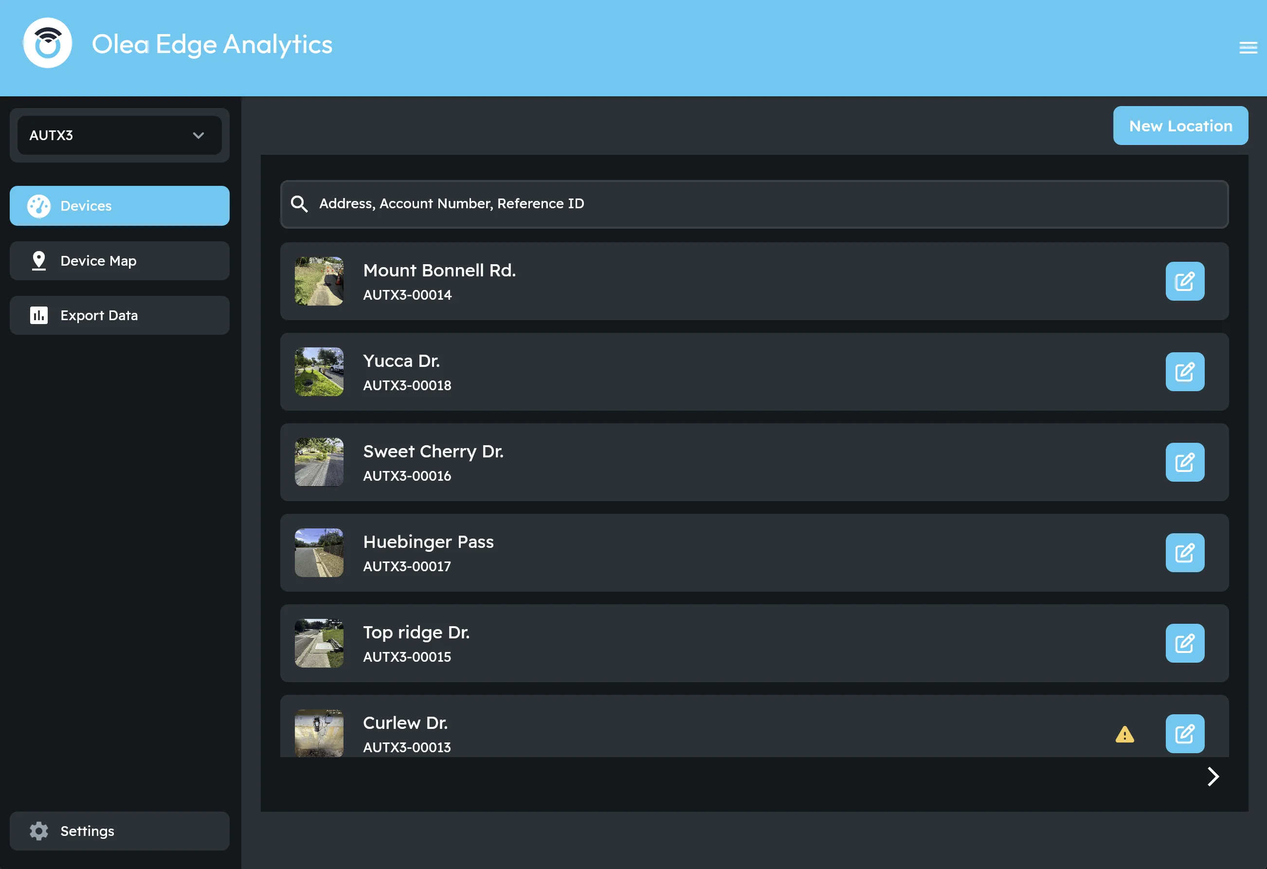 Device list in the PRV monitoring dashboard
